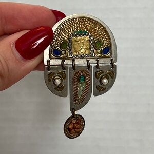 Unique Silver/Gold Artisan Vintage Modernist Metal Brooch w Jeweled Stone Drops
